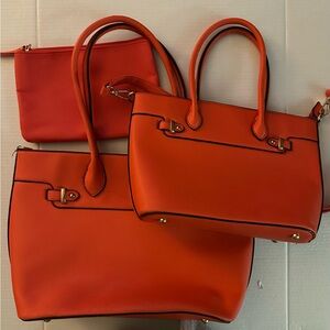 Coral Orange Structured Tote Bag w/ Crossbody Strap & Matching Wristlet